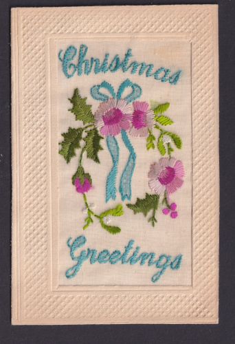 Stoffkarte Ansichtskarte Künstlerkarte Weihnachtsgruß Gesticktes Blumenbouquet