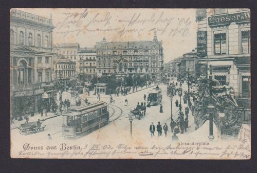 Ansichtskarte Berlin Alexanderplatz Strassenbahn Pferdefuhrwerke Denkmal
