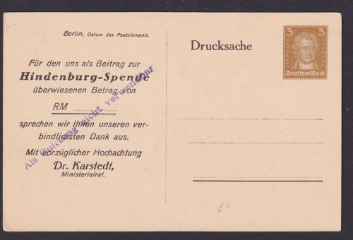 Deutsches Reich Privatganzsache Dank für Hindenburg Spende Porträt Hindenburg