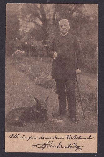 Ansichtskarte Porträt Paul von Hindenburg m. Hund Spruch an das Deutsche Volk