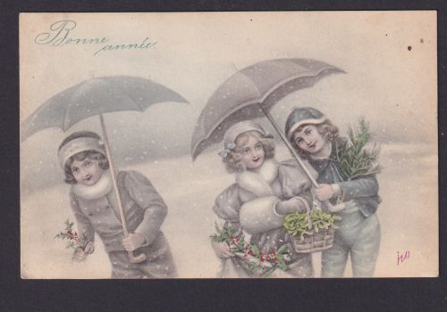 Ansichtskarte Neujahr Künstlerkarte Sign. Bonne Annee Kinder Winter Schnee