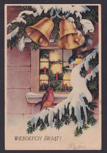 Ansichtskarte Weihnachten Tannen Vogel Glocken n. Berlin 1949