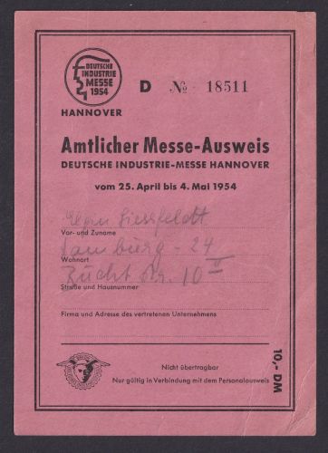 Auseis Messe Ausweis Deutsche Industrie Messe Hannover 1954