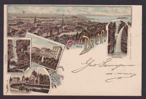 Ansichtskarte Biel Bienne Schweiz Maggtingen Nidau Taubenloch Künstler Litho n.