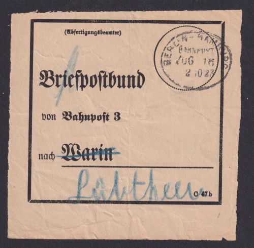 Bahnpost Vorbindezettel Bahnpost Berlin n. Hamburg Zug 16 n. Lübtheen