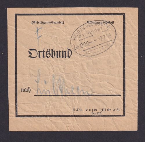 Bahnpost Vorbindezettel Bahnpost Berlin n. Hamburg Zug 200 n. Lübtheen