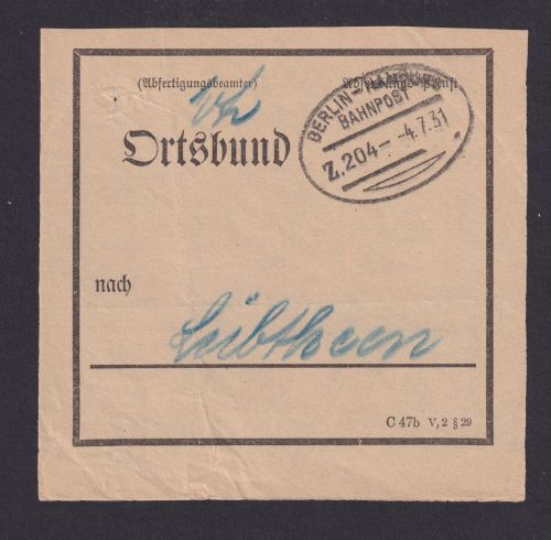 Bahnpost Vorbindezettel Bahnpost Berlin n. Hamburg Zug 204 n. Lübtheen