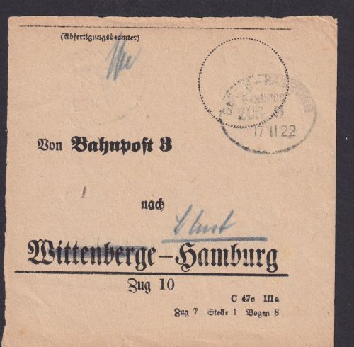 Bahnpost Vorbindezettel Bahnpost Berlin n. Hamburg Zug 9