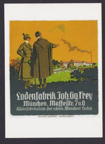 Künstler Ansichtskarte Reklame Werbung Lodenfabrik Joh. Gg. Frey München Aus der