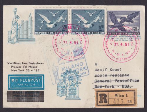 Österreich Flugpost Air Mail Brief gute R Flugkarte Wien via Milano New York USA