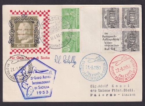 Flugpost Berlin guter Zusammendruck Bauten aus Bogen Karte mit Autograph des