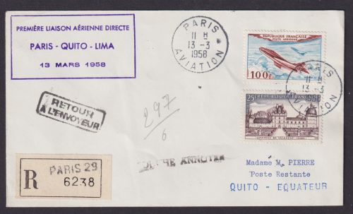 Flugpost Air Mail Brief Erstflug Paris Frankreich Quito Lima via Ecuadir