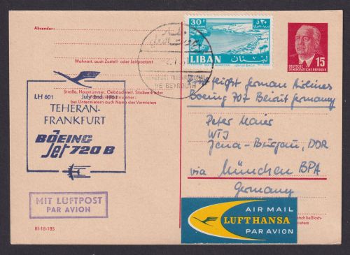 Flugpost Air Mail Brief DDR Ganzsache LH 601 Boeing Libanon Thern Frankfurt
