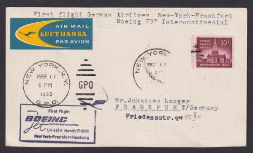 Flugpost Air Mail Brief Lufthansa Boeing 707 Erstflug New York USA Frankfurt