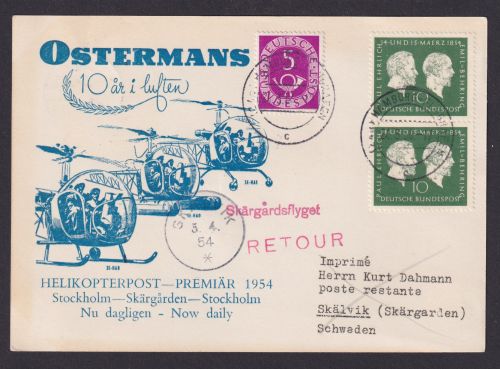 Flugpost Air Mail Helikopter Post MIF Posthorn Hamburg Skälvik Schweden 1954