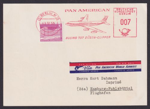 Flugpost Brief Air Mail Berlin Absenderfreistempel 007 +5Pfg Bauten Pan American