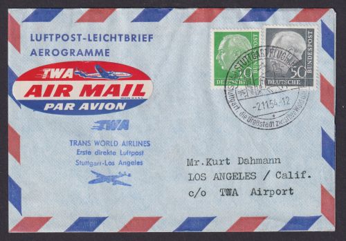 Flugpost Brief Air Mail Bund Aerogramm MIF Heuss TWA Stuttgart Los Angeles