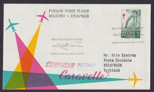Flugpost Air Mail Brief Finnland Finnair Erstflug Helsinki Köln Wahn 1.4.1960