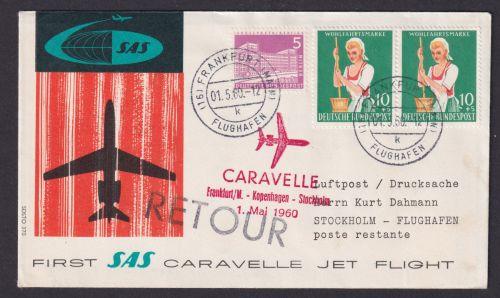 Flugpost Brief Air Mail Erstflug SAS Caravelle Frankfurt Kopenhagen Stockholm