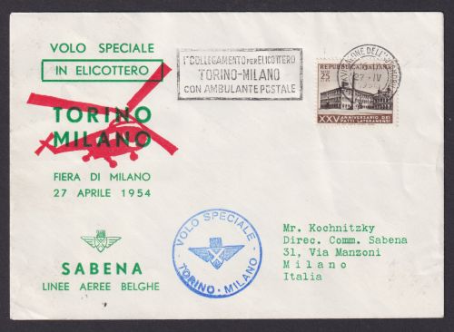 Flugpost Brief Air Mail Italien seltener Hubschrauber Helikopter Beleg Sabena