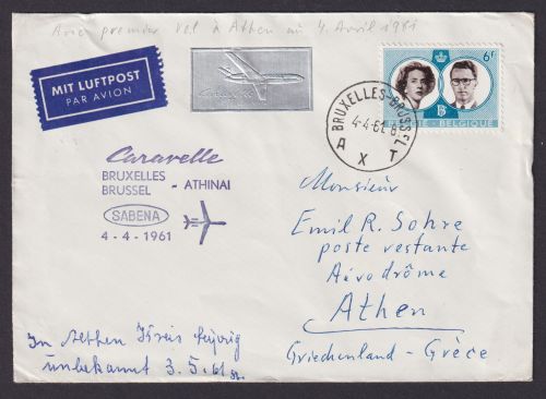 Flugpost Brief Air Mail Belgien Sabena Caravelle Brüssel Athen Griechenland