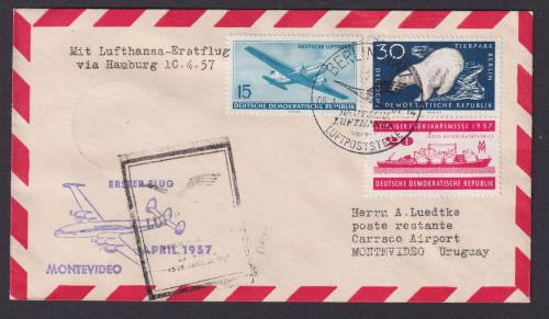 Flugpost Brief Air Mail Lufthansa Erstflug via Hamburg DDR Montevideo Uruguay