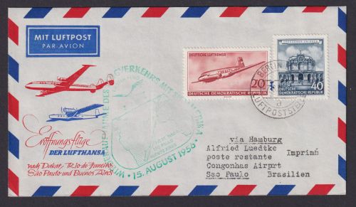Flugpost Brief Air Mail Lufthansa Eröffnungsflug inter. DDR Zuleitung Sao Paulo