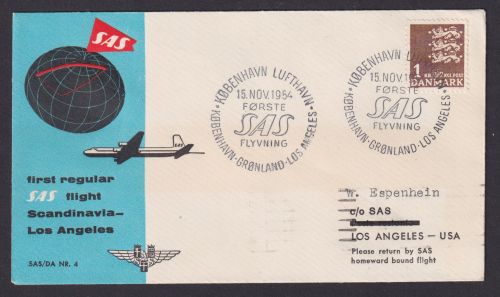 Flugpost Brief Air Mail SAS Erstflug Scandinavia Los Angles USA Kopenhagen