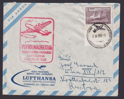 Flugpost Brief Air Mail Argentinien Lufthansa 627 mit gezähntem Leerfeld 1956