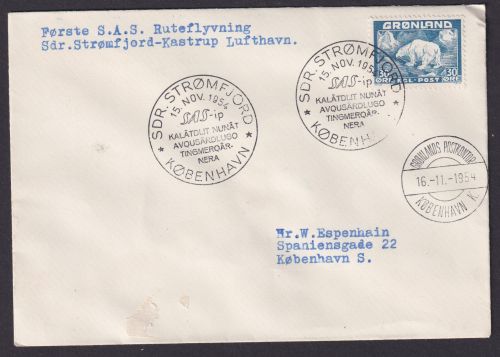 Flugpost Brief Air Mail SAS Strømfjord Kastrup Kangerlussuaq Grönland nach