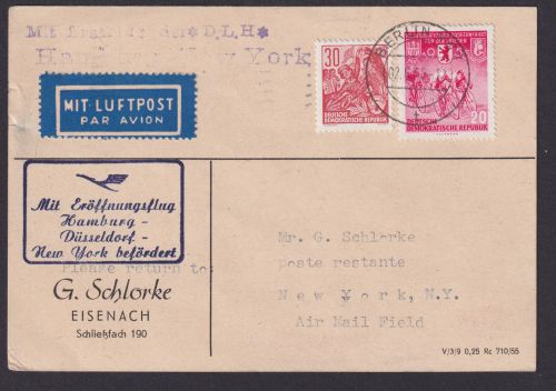 Flugpost Brief Air Mail Erstflug Lufthansa Hamburg New York USA Zuleitung