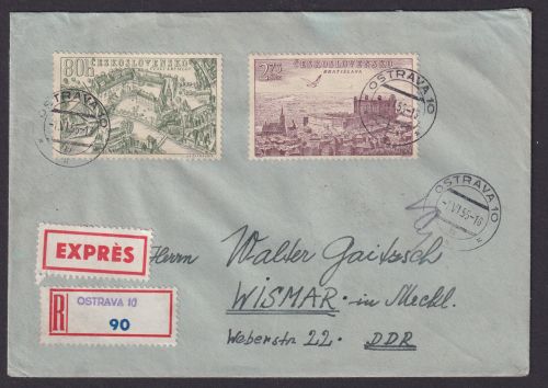 Flugpost Brief Air Mail Tschechoslowakei Ostrava Wismar DDR 1955