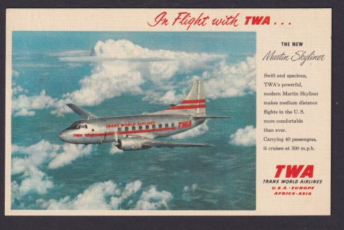 Flugpost Air Mail tolle selt. Flugkarte TWA Trans World Airlines Martin Skyliner
