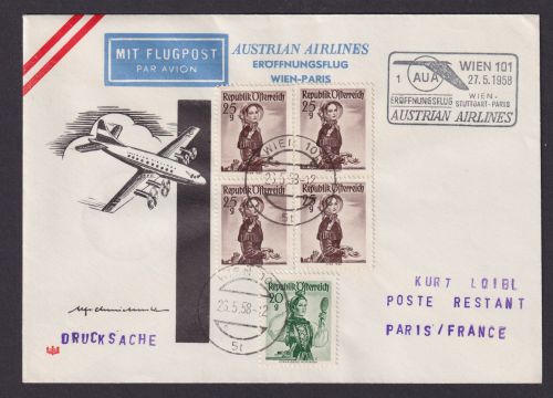Flugpost Brief Air Mail Austrian Airlines Österreich Viererblock Trachten Paris