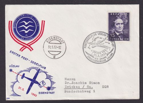 Flugpost Brief Air Mail Österreich Sportflieger Club Liesing 1. Post Segel Flug