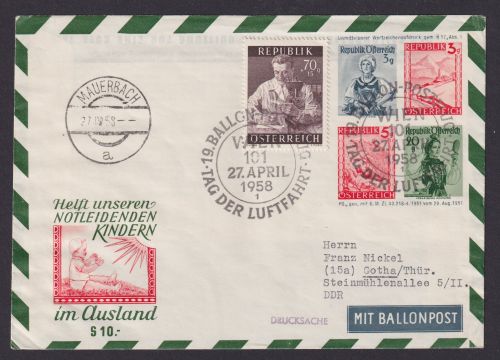 Ballon Flugpost Brief Air Mail Österreich Privatganzsache 4 WST Trachten Wien