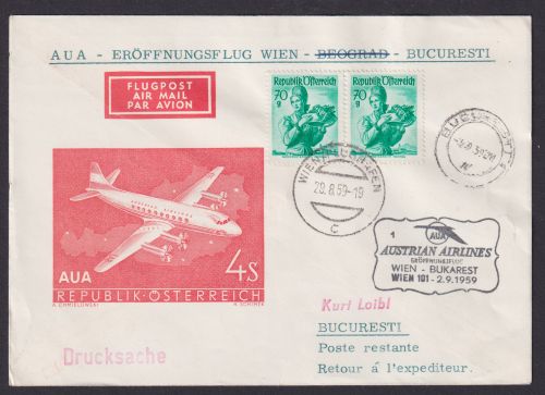 Flugpost Brief Air Mail Österreich AUA Eröffnungsflug Paar Trachten Wien