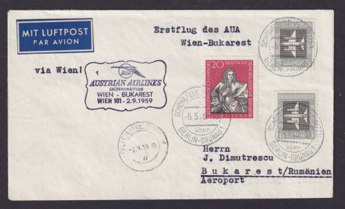 Flugpost Brief Air Mail Erstflug AUA Österreich DDR Zuleitung Wien Bukarest
