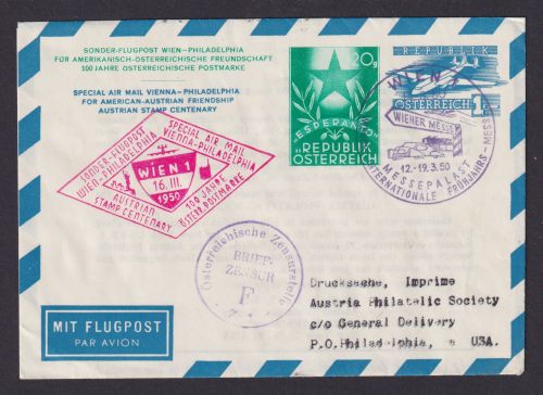 Flugpost Air Mail Österreich selt. Privatganzsache 2 WST Esperanto + Flugpost