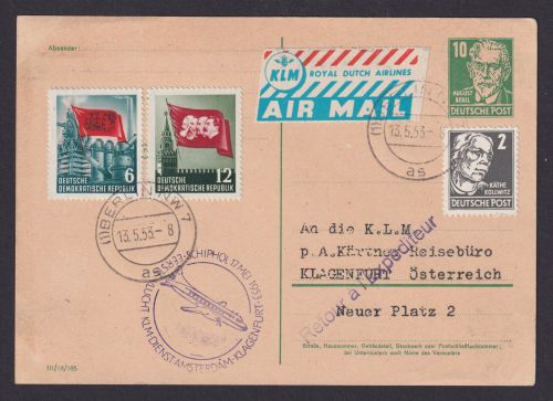 Flugpost Brief Air Mail KLM Dienst Amsterdam Klagenfurt Österreich Zuleitung DDR