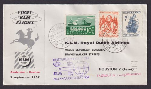 Flugpost Brief Air Mail KLM Erstflug Amsterdam Houston Texas USA 3.9.1957