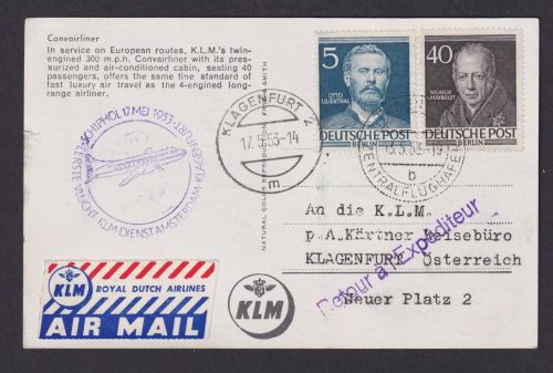 Flugpost Brief Air Mail tolle Flugkarte Convairliner KLM Amsterdam Klagenfurt