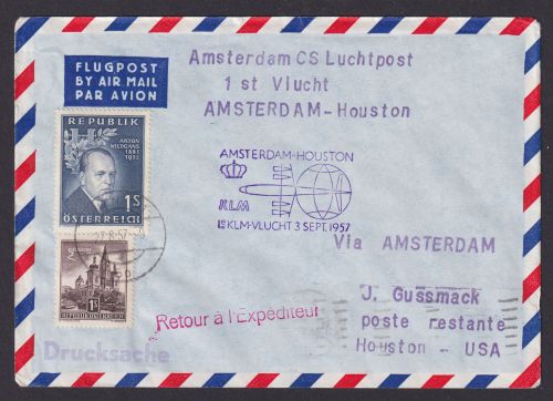 Flugpost Brief Air Mail KLM Erstflug Amsterdam Houston Texas USA Zuleitung