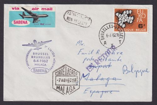 Flugpost Brief Air Mail Brüssel Belgien Malaga Spanien Sabena 1962