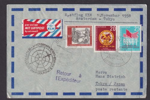 Flugpost Brief Air Mail KLM Erstflug Amsterdam Tokio Japan Zuleitung DDR ab