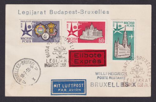 Flugpost Brief Air Mail Ungarn Legijarat Budapest Brüssel Eilbote 18.7.1958