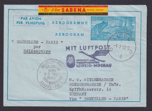 Flugpost Brief Air Mail Belgien Ganzsache Aerogramm Helikopter Hubschrauber