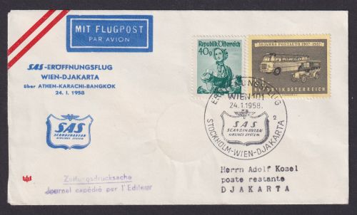 Flugpost Brief Air Mail SAS Eröffnungsflug Wien Djakarta Indonesien über Athen