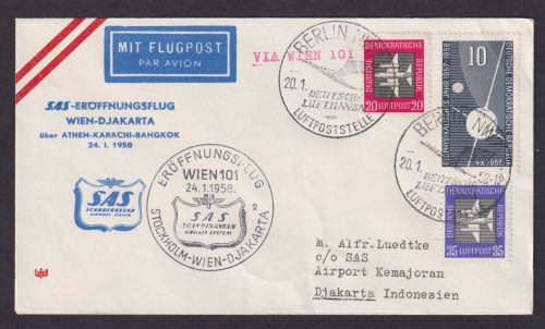 Flugpost Brief Air Mail SAS Eröffnungsflug Wien Djakarta inter. DDR Zuleitung