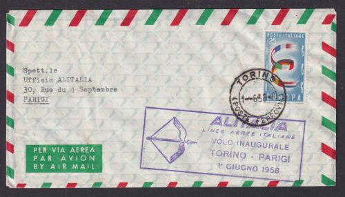 Flugpost Brief Air Mail Italien Alitalia Torino Parigi Paris Frankreich 1.6.1956